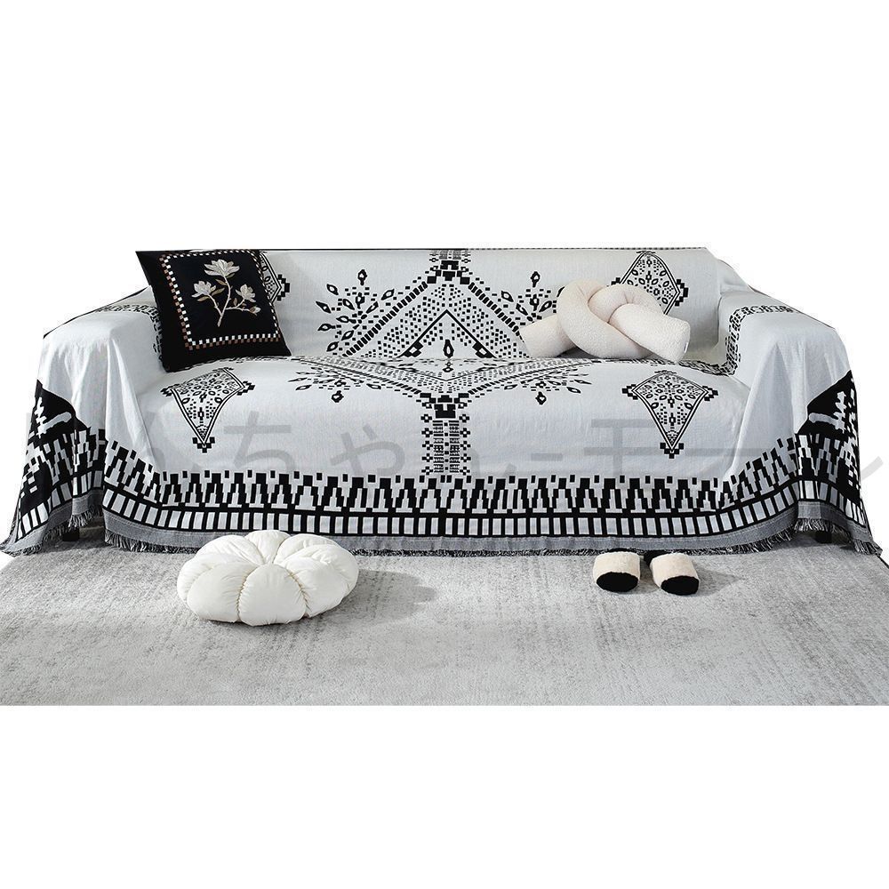 黒と白の市松模様 タッセルソファカバー 両面 リバーシブル 綿 ガーゼ