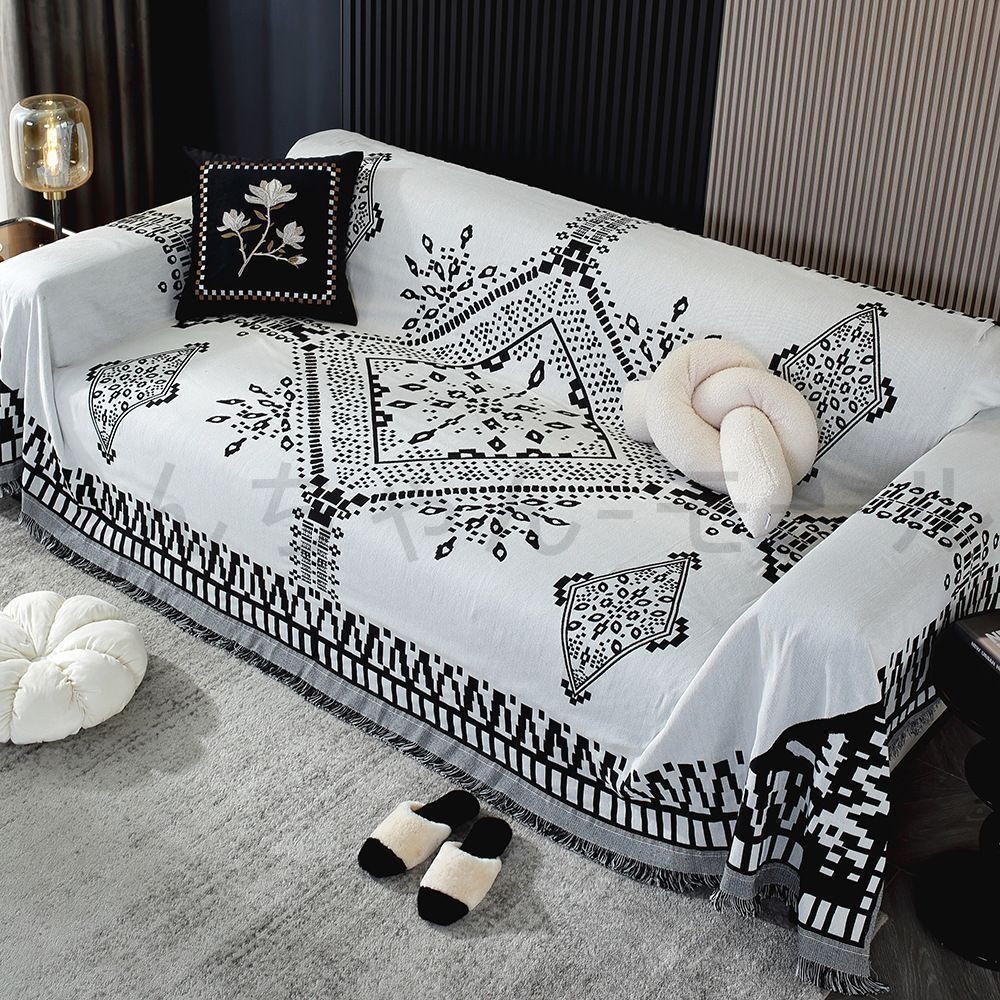 黒と白の市松模様 タッセルソファカバー 両面 リバーシブル 綿 ガーゼ