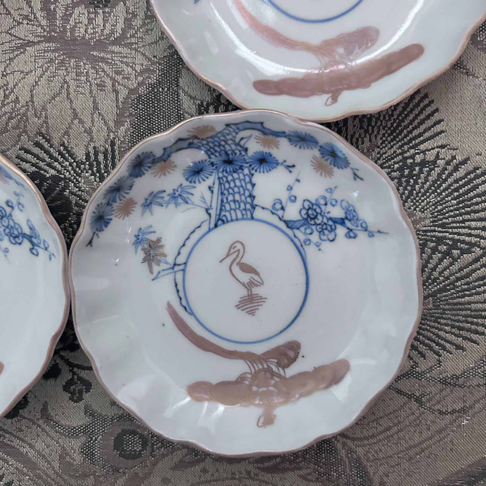 古伊万里 小皿5枚 吉祥紋様 金彩染付 江戸後期 アンティーク 松竹梅 鶴