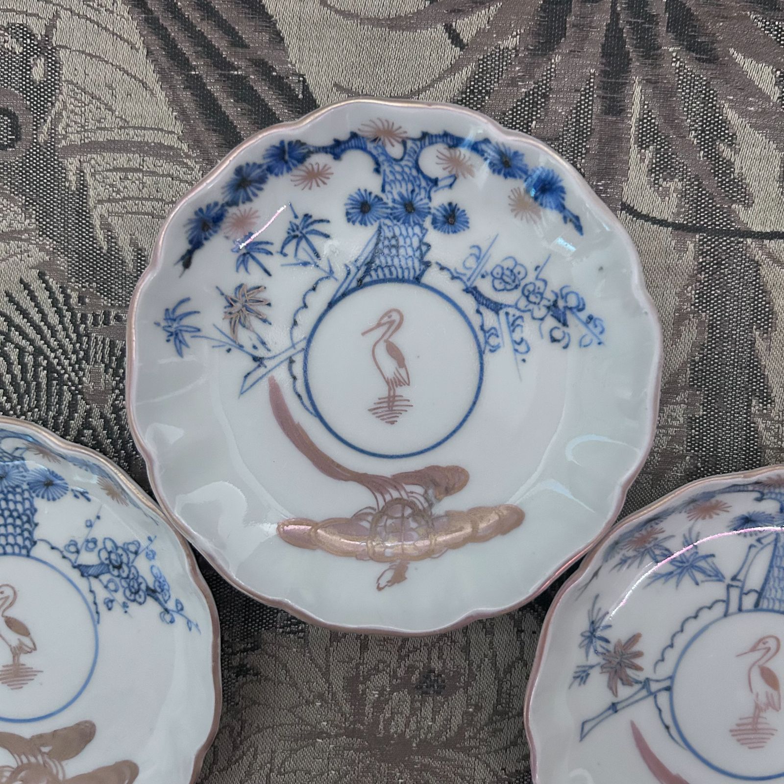 古伊万里 小皿5枚 吉祥紋様 金彩染付 江戸後期 アンティーク 松竹梅 鶴