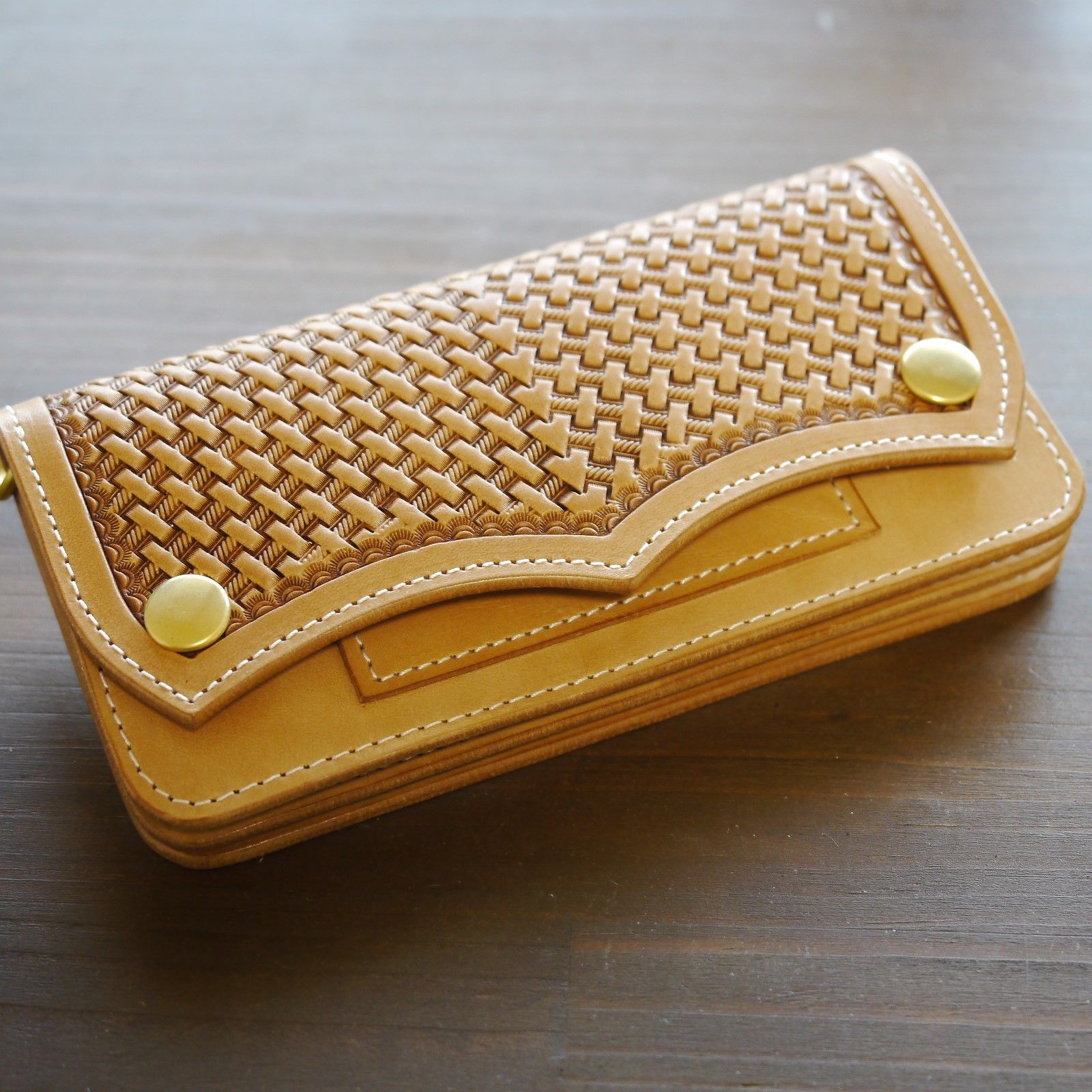 トラッカーウォレット バスケットスタンプ マルカン付き ロングウォレット 革財布 長財布 革製品 ハンドメイド 牛革 ヌメ革 レザー