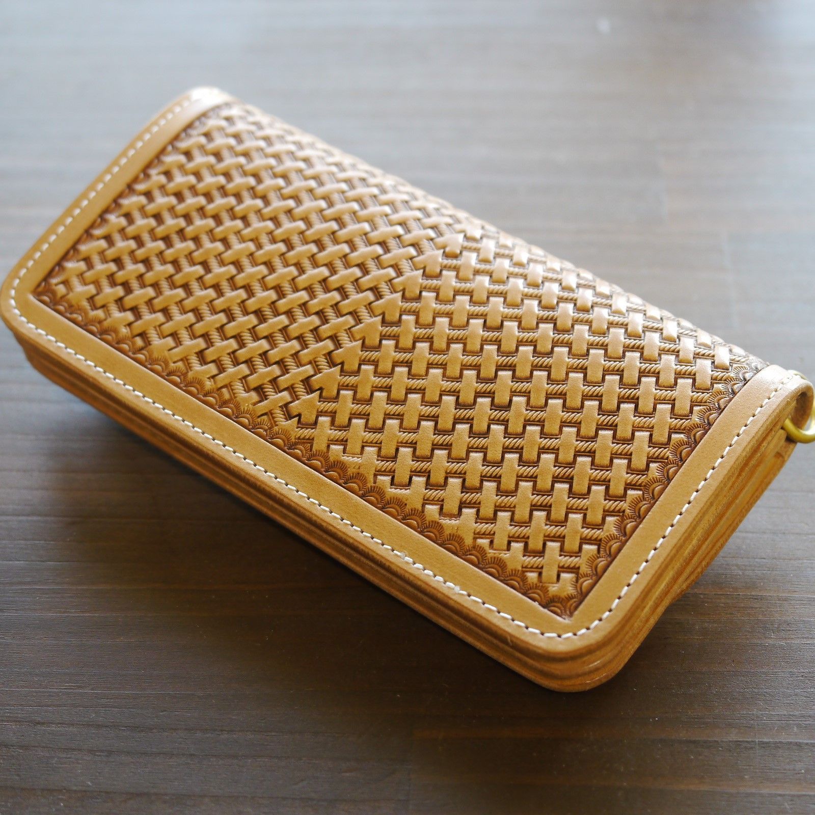 トラッカーウォレット バスケットスタンプ マルカン付き ロングウォレット 革財布 長財布 革製品 ハンドメイド 牛革 ヌメ革 レザー