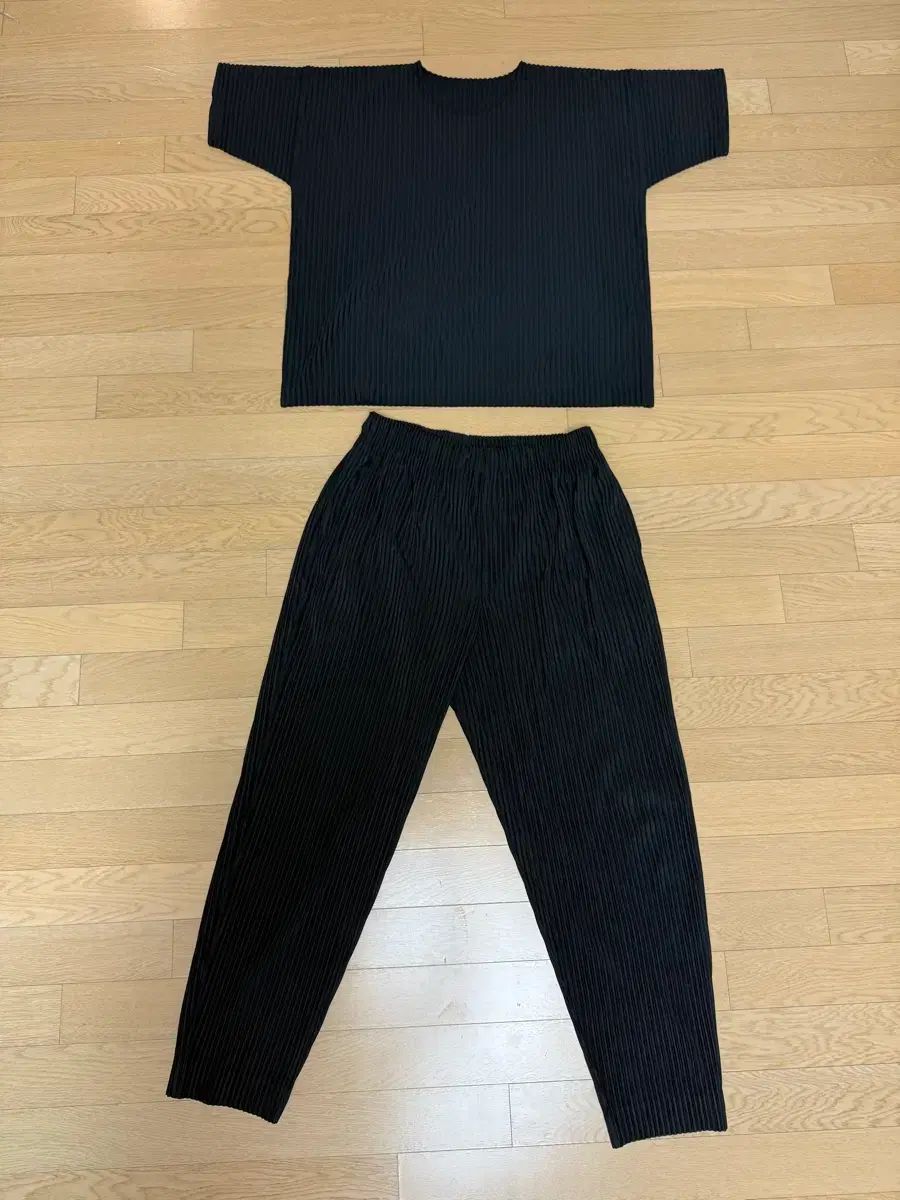 イッセイミヤケ オムプリッセ ベーシック ラウンドTシャツ と ストレートパンツ セットアップ