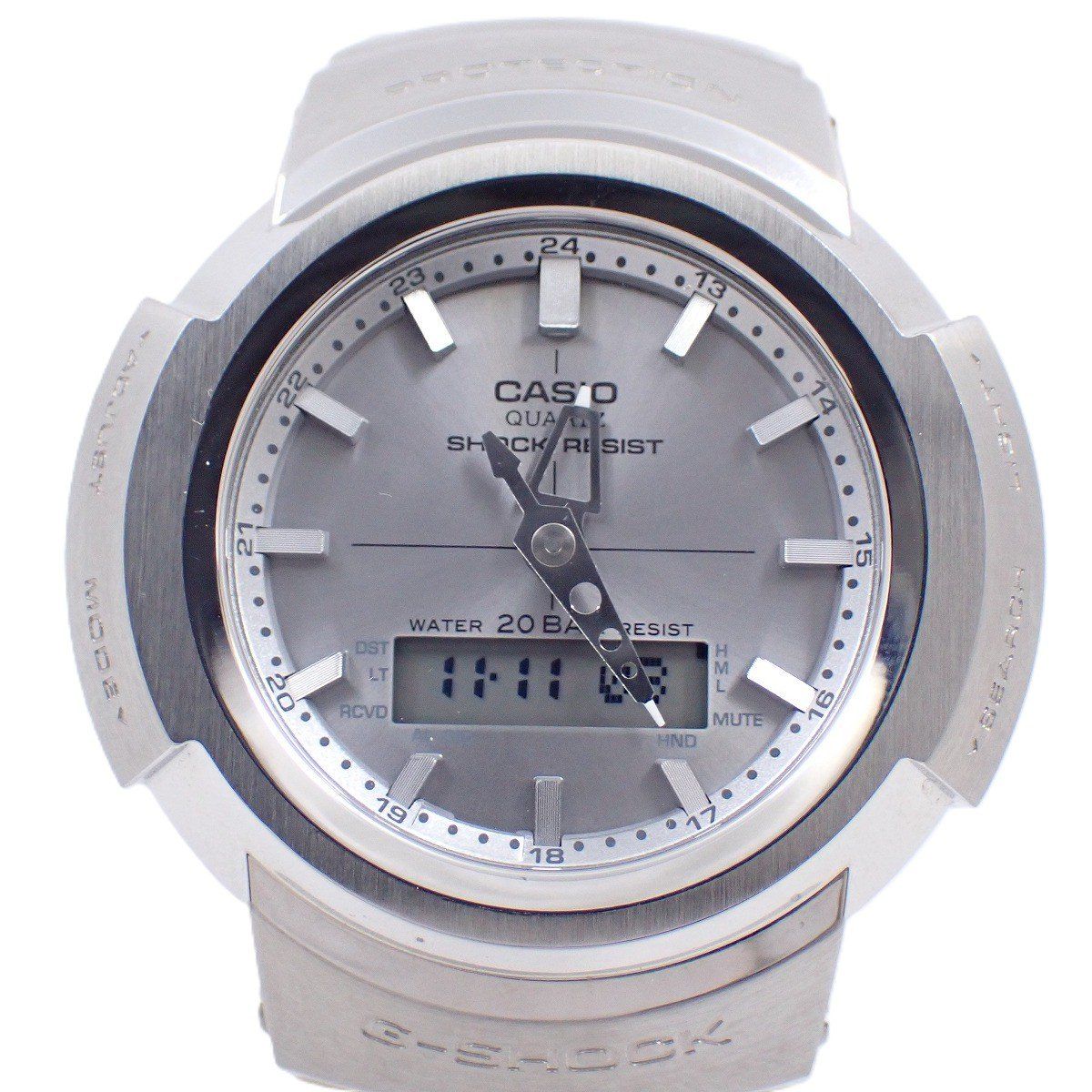 カシオ G SHOCK 海外モデル フルメタル アナデジ ソーラー電波 メンズ 腕時計 シルバー文字盤 SSベルト AWM 500 D 1 A 8 DR