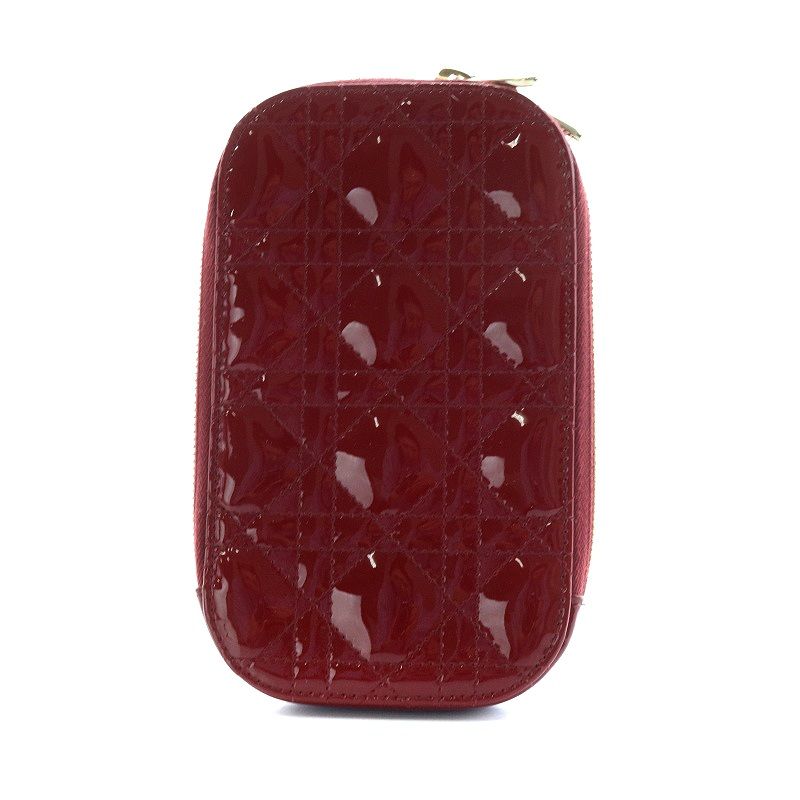 クリスチャンディオール Christian Dior Lady Call in フォンホルダー スマホショルダー パテントレザー キルティング 赤 レッド AK 6 OH