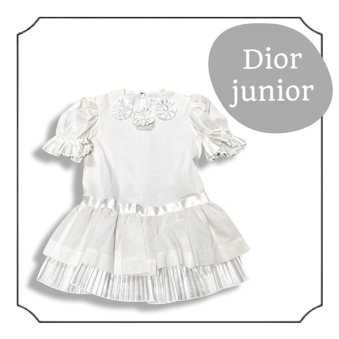 Dior junior ディオール キッズ フラワーモチーフ サテン プリーツ スカート ワンピース ドレス ホワイト size 100A