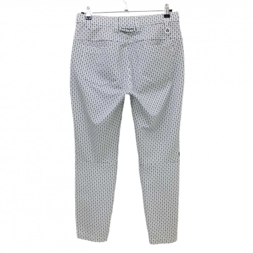 美品】パーリーゲイツ パンツ 白×ネイビー ロゴ総柄 ウエスト調節紐付