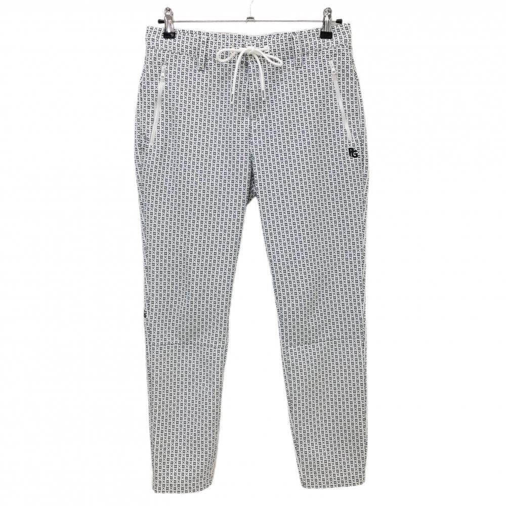 美品】パーリーゲイツ パンツ 白×ネイビー ロゴ総柄 ウエスト調節紐付