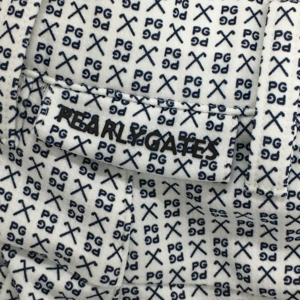 美品】パーリーゲイツ パンツ 白×ネイビー ロゴ総柄 ウエスト調節紐付