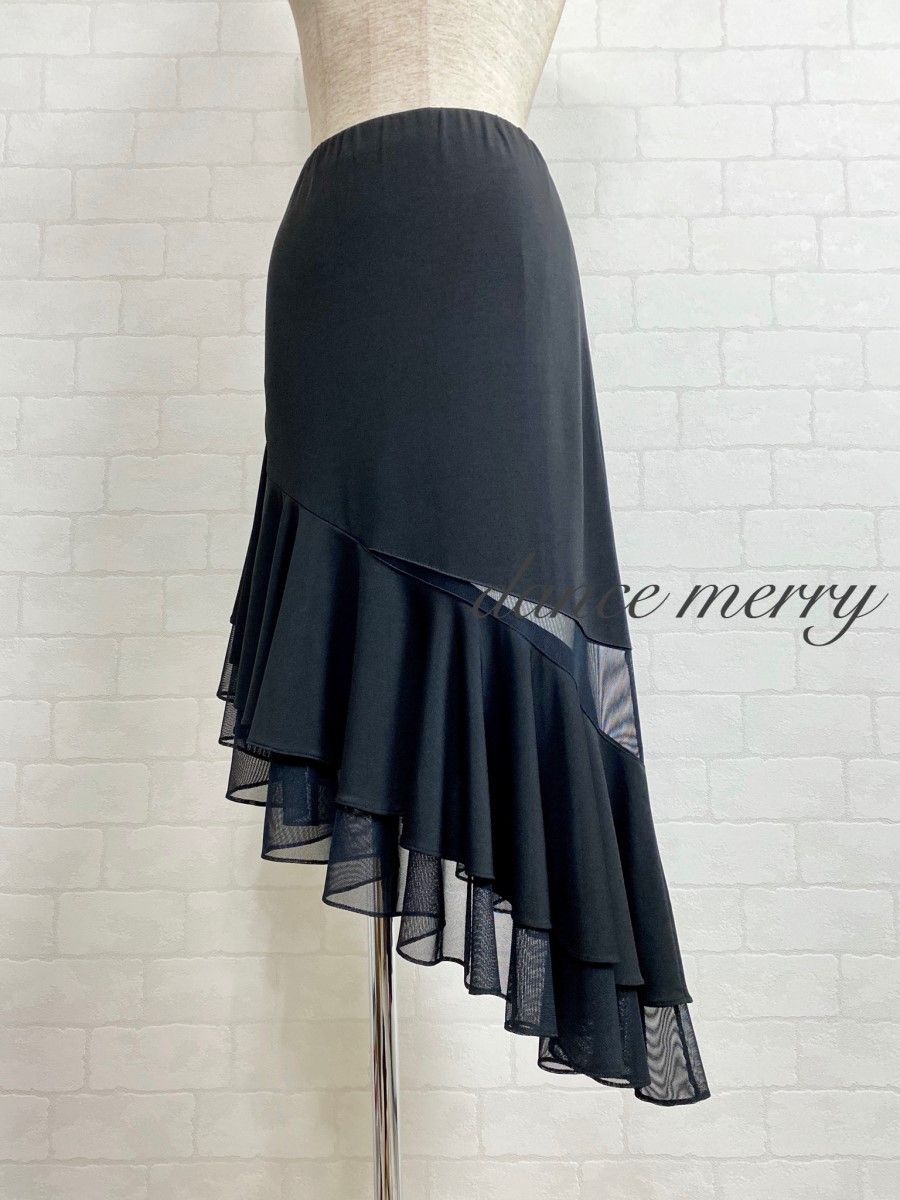 MERRY 社交ダンス ラテン スカート 黒 裾斜め ルンバ サンバ ジャイブ 4843