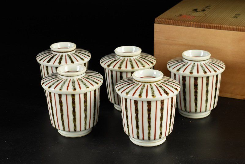 蔵C 9869 c 平安松斎 鉄絵線文 蒸茶碗 五客 共箱