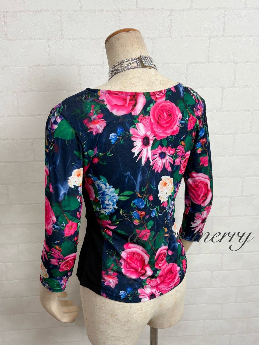 MERRY】新品 社交ダンス トップス 花柄 黒 紺 ピンク レッスン 1301