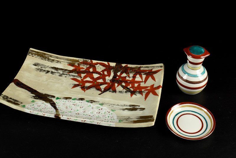 蔵C 9912 j 魯山人写 美濃焼 色絵春秋長角盛皿 連峰窯 寺田春栄作 九谷焼 色絵独楽筋汁次 九平窯 山田晃