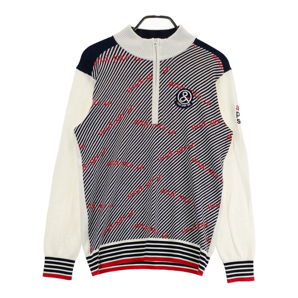 サイズ M AND PER SE アンパスィ ウール混 ハーフジップ ニットセーター ストライプ柄 ホワイト系 ゴルフウェア メンズ ストスト