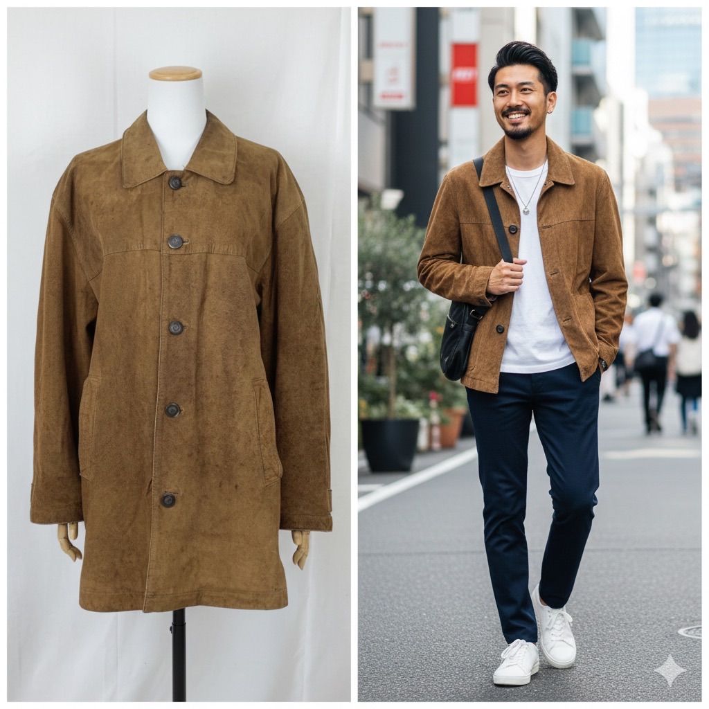 イタリア製 本革 スエード レザーカーコート 裏地総柄 ブラウン M SUBURBAN ✨ レザーコート Leather Jacket 本革 スウェード調 Brown