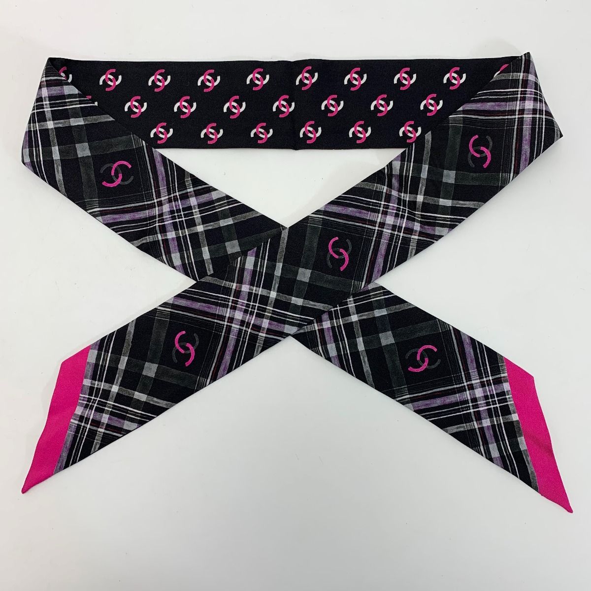 CHANEL シャネル ヘアバンド 細いスカーフ ツイリー ブラック×ピンク