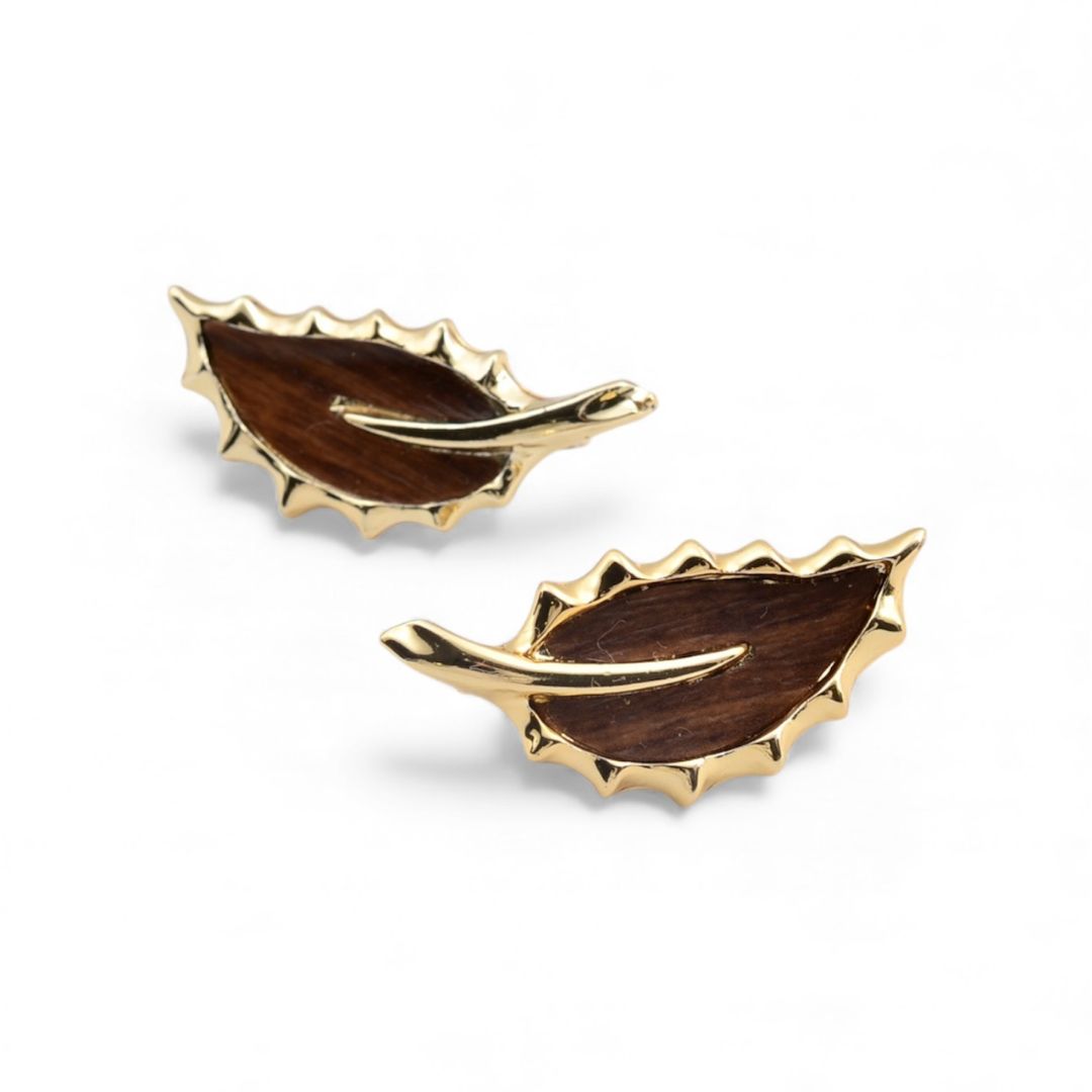 SARAH COV サラコベントリー ヴィンテージ イヤリング リーフ 木目調 ゴールドトーン クリップ式