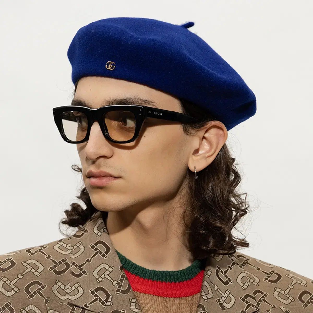 グッチ GG ロゴ ウール フェルト ベレー帽 帽子 ブルー