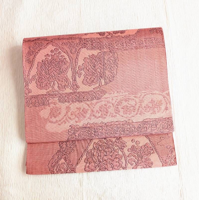 No.5596　名古屋帯　琉球風正絹未仕立着物新品未使用#メルカリでハロウィーン ほぼ未使用☆名古屋帯 桃色 花唐草 開き仕立て 正絹 079 - メルカリ