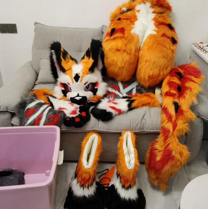 着ぐるみ ケモノ体 フルスーツ セット NO.67 オレンジ色 ドラゴン 全頭ヘッド ファースーツ ぬいぐるみ コスプレ コスチューム