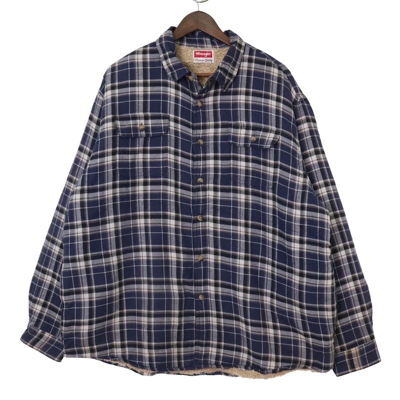 大きいサイズ メンズUS 2 XL ラングラー シェルパライナー フランネルシャツ チェック柄 ネイビー系 Wrangler 裏ボア 古着 hsc 0883