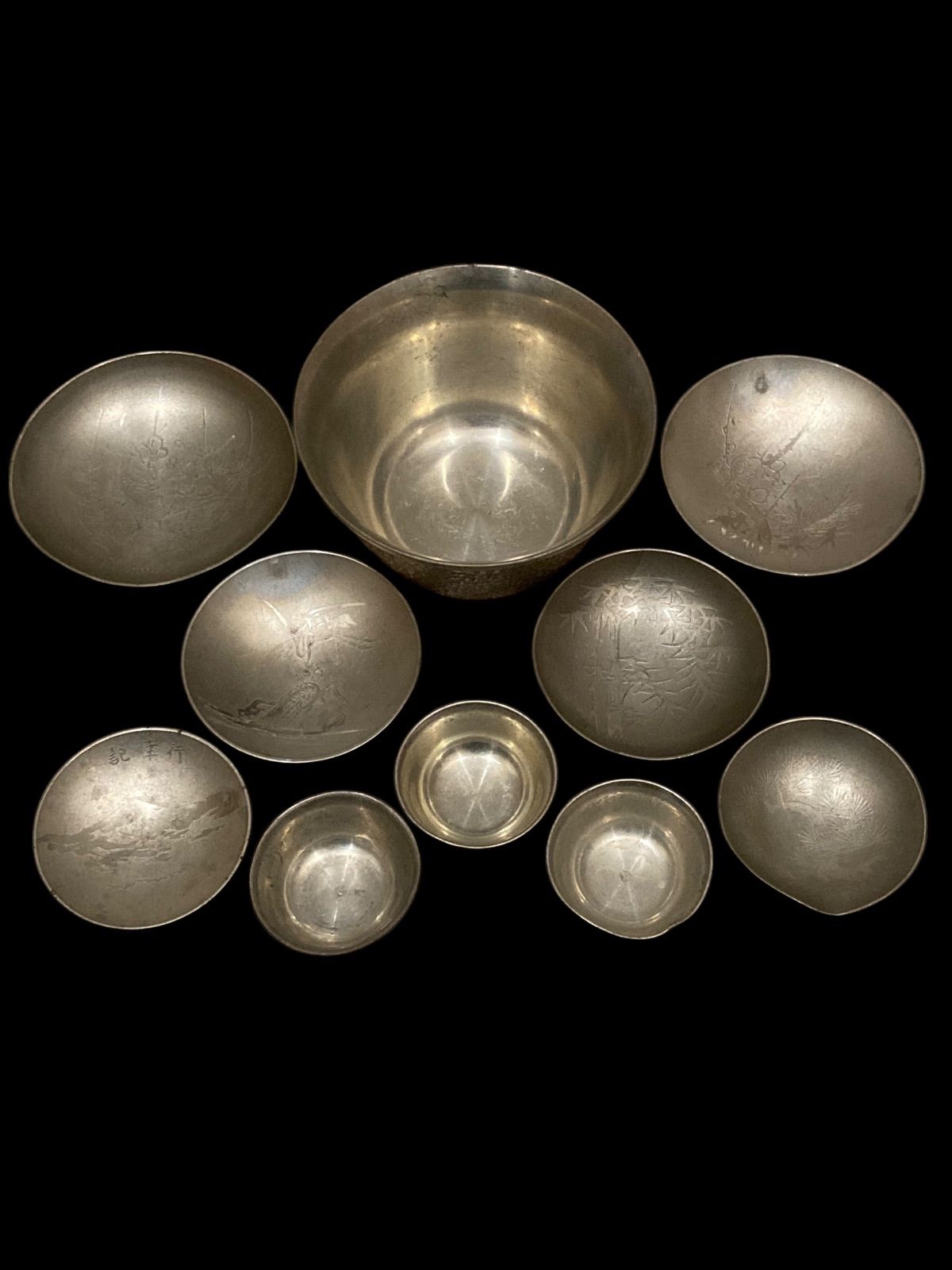 日本 伝統的 錫製品 セット 正錫 ほんすず 錫半 すずはん 錫器 すずき 酒器 ちろり お猪口 茶道具 器 錫 すず 製食器 アンティーク レトロ ヴィンテージ 時代物 古美術 骨董 N 25 L T 10