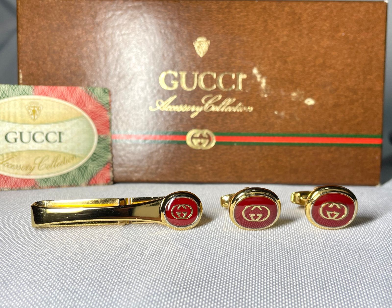 GUCCI グッチ インターロッキングG GGロゴ レッド＆ゴールド ヴィンテージカフス ネクタイピン セット タイピン カフリンクス