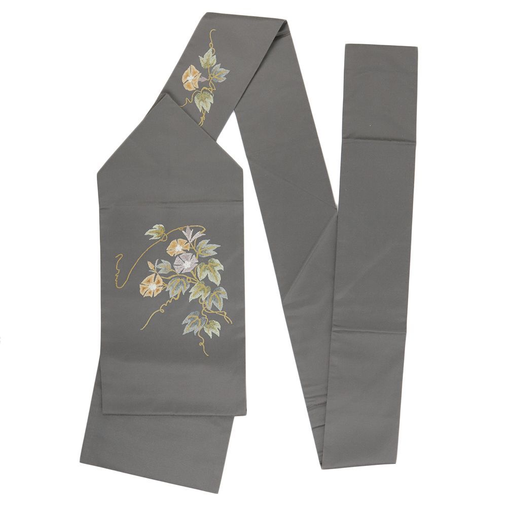 名古屋帯 紬 相良刺繍 グレー 正絹 中古 花 朝顔 手刺繍 帯 リサイクル