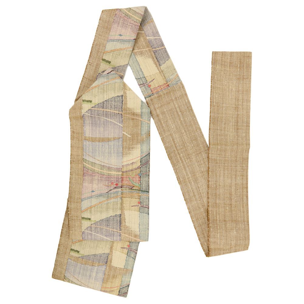 名古屋帯 渡文 正絹 真綿紬 クリーム色 黄色 茶 緑 赤 幾何学 仕立て