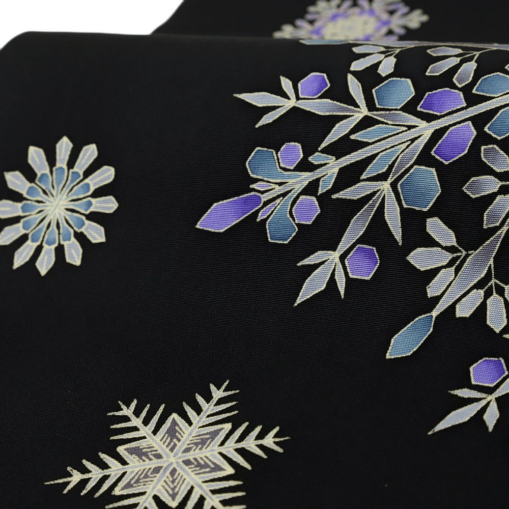 名古屋帯 黒 秀美 塩瀬 正絹 冬 雪の結晶 未仕立て 帯 反物 十日町友禅