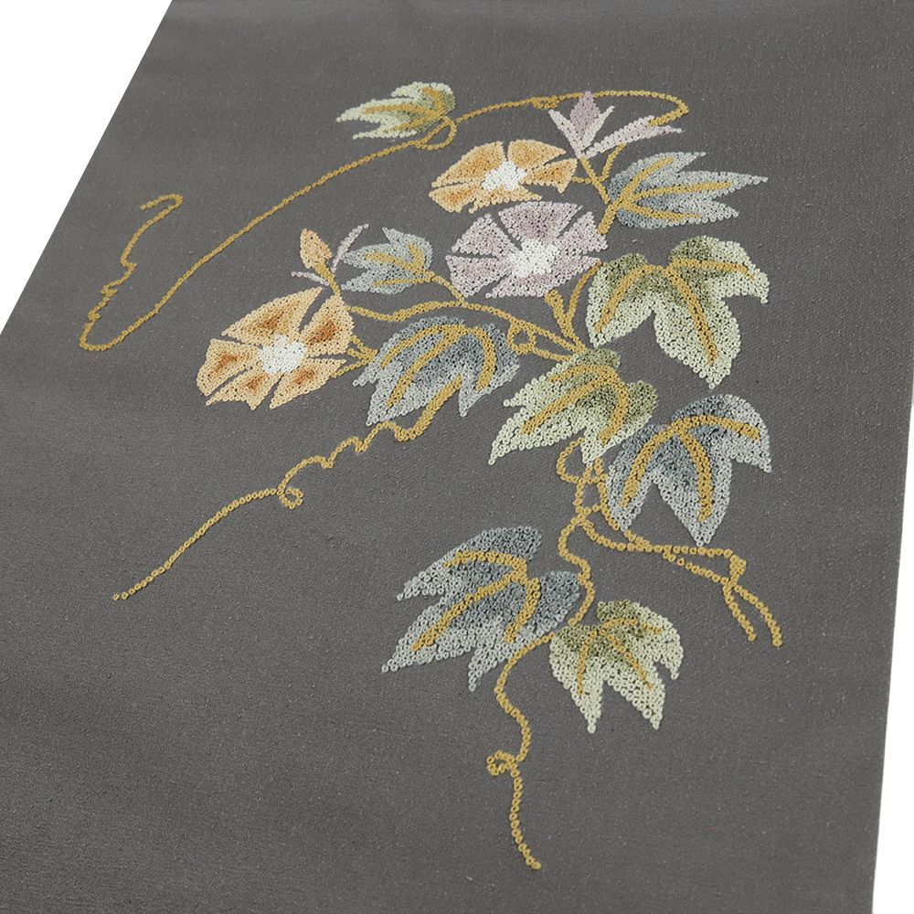 名古屋帯 紬 相良刺繍 グレー 正絹 中古 花 朝顔 手刺繍 帯 リサイクル