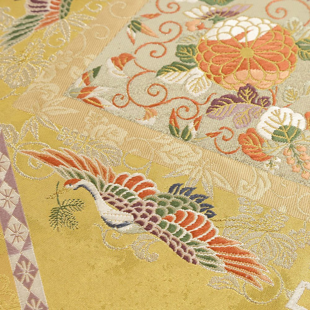 袋帯 金 中古 正絹 鶴 華文 花唐草 菱 菊 桐 リサイクル 帯 礼装用