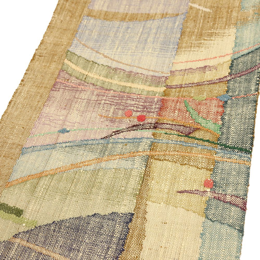 名古屋帯 渡文 正絹 真綿紬 クリーム色 黄色 茶 緑 赤 幾何学 仕立て