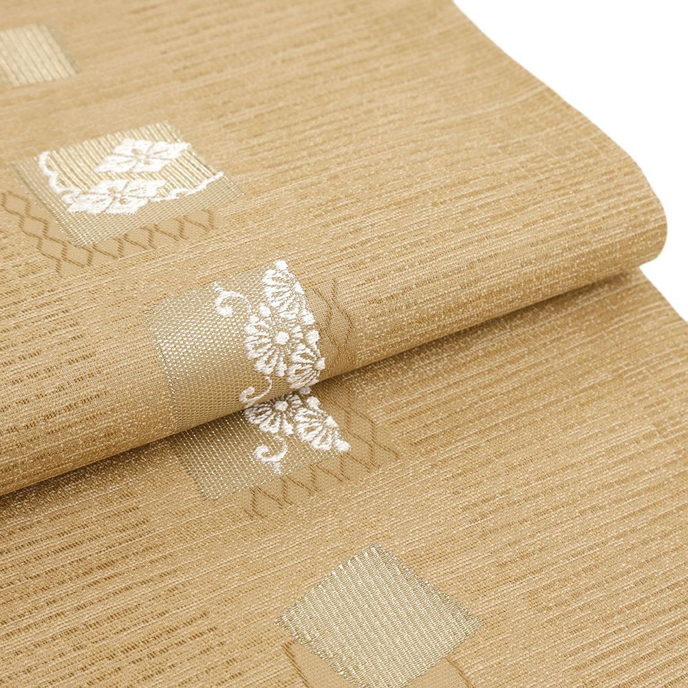ムガシルク 金彩花唐草ライトベージュ全通柄 名古屋帯 (袋帯としても)極美品 名古屋帯 正絹 ベージュ 茶 金 花 唐織 リサイクル カジュアル 花唐草