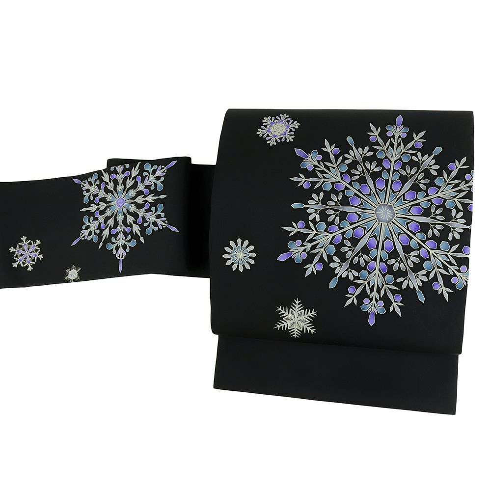 名古屋帯 黒 秀美 塩瀬 正絹 冬 雪の結晶 未仕立て 帯 反物 十日町友禅