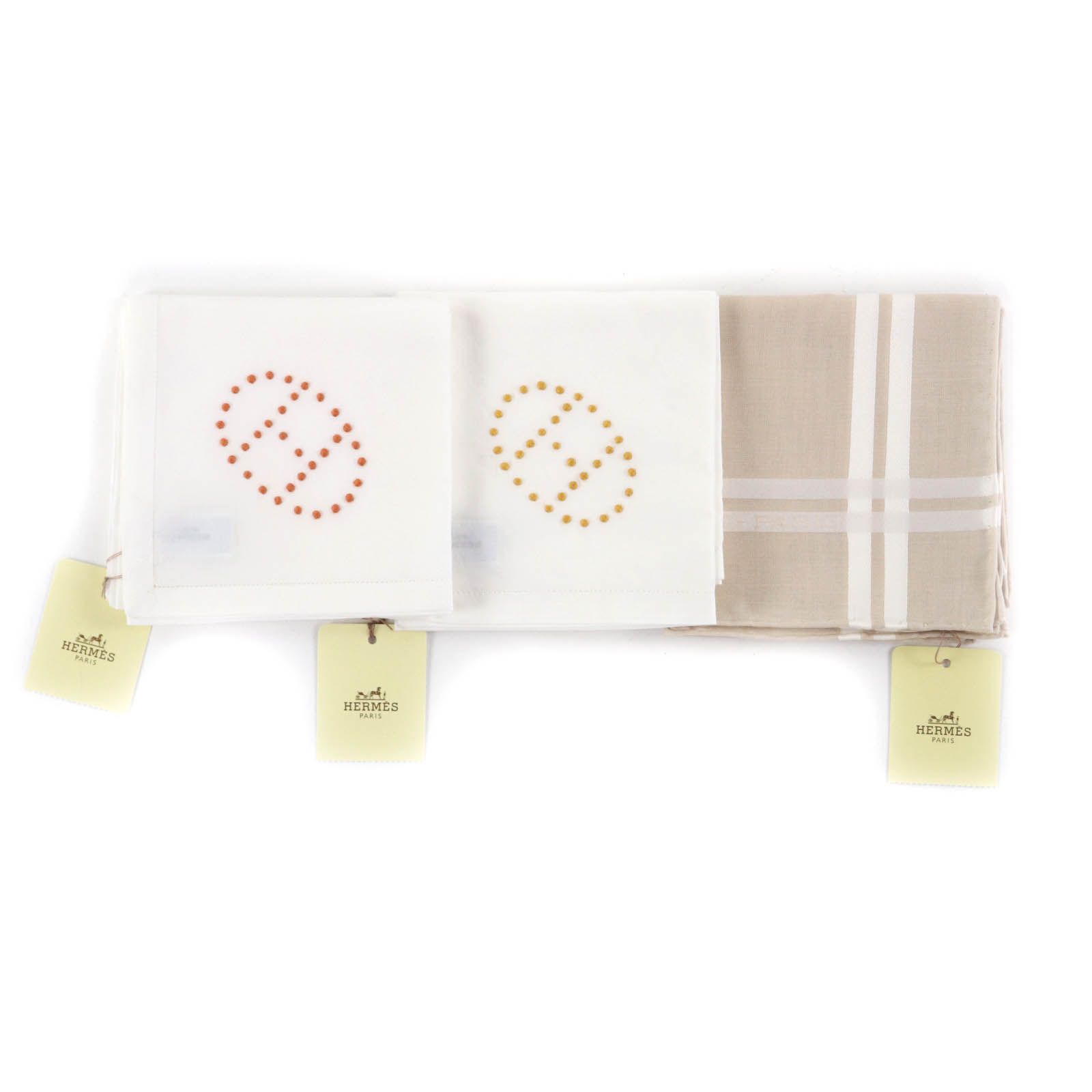 HERMES エルメス コットン100％ ロゴ入り Hデザイン セット ハンカチ ホワイト ベージュ き レディース