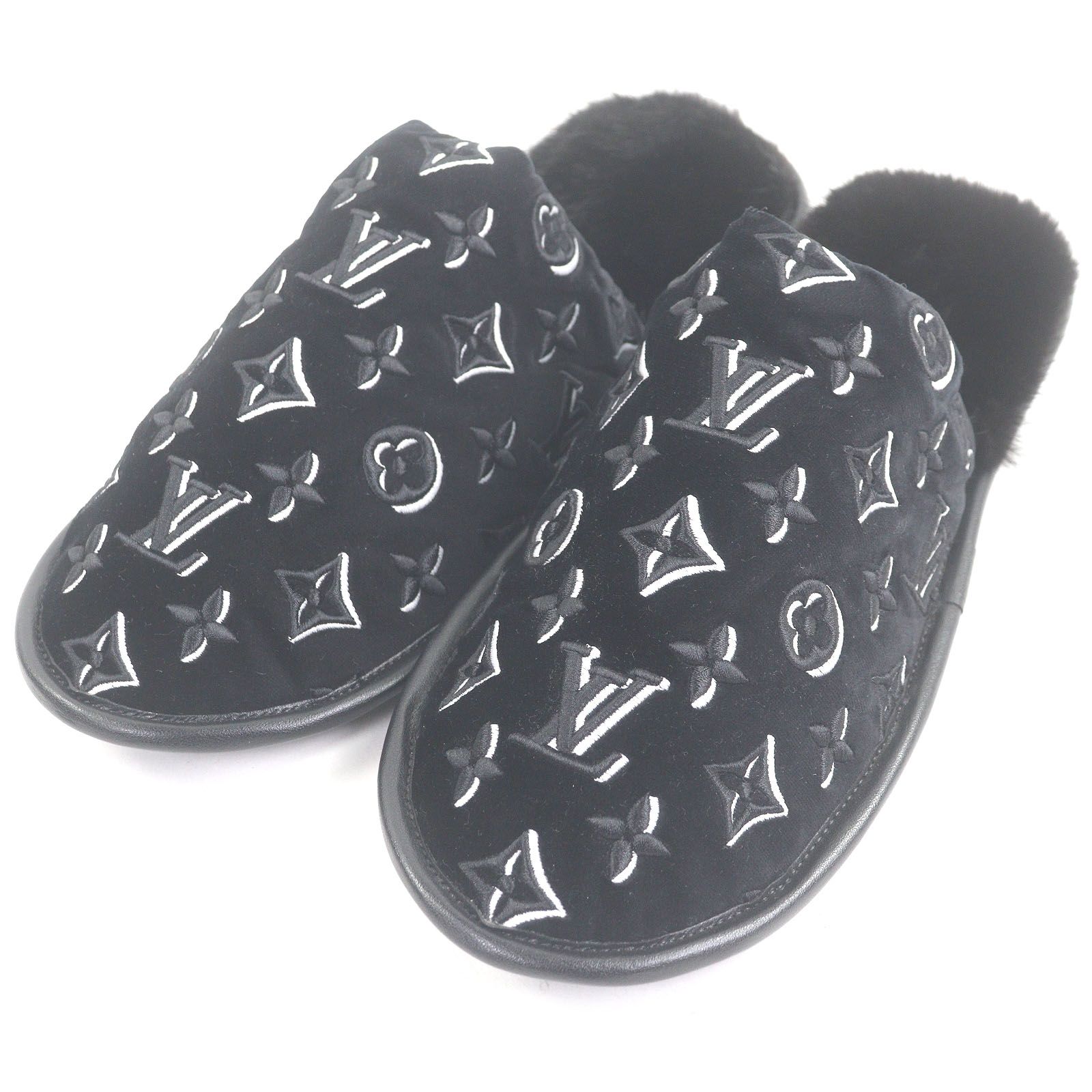 LOUIS VUITTON ルイヴィトン LV スイートライン ミンク レザー LVロゴ モノグラム 刺繍 ベルベッド スリッパ ルームシューズ ブラック 41 42 保存袋付き イタリア製 メンズ