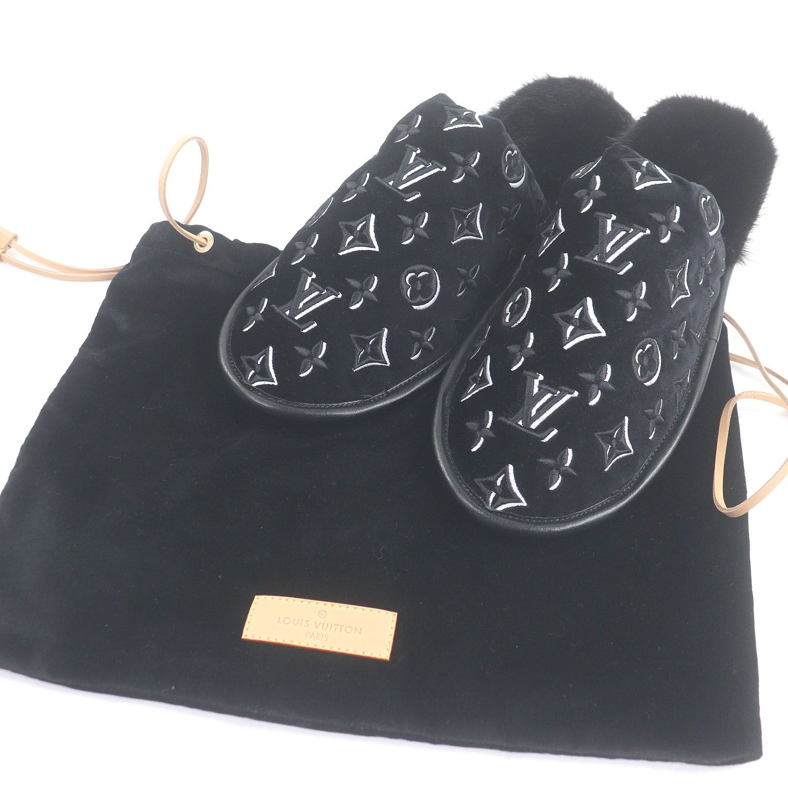 LOUIS VUITTON ルイヴィトン LV スイートライン ミンク レザー LVロゴ モノグラム 刺繍 ベルベッド スリッパ ルームシューズ ブラック 41 42 保存袋付き イタリア製 メンズ