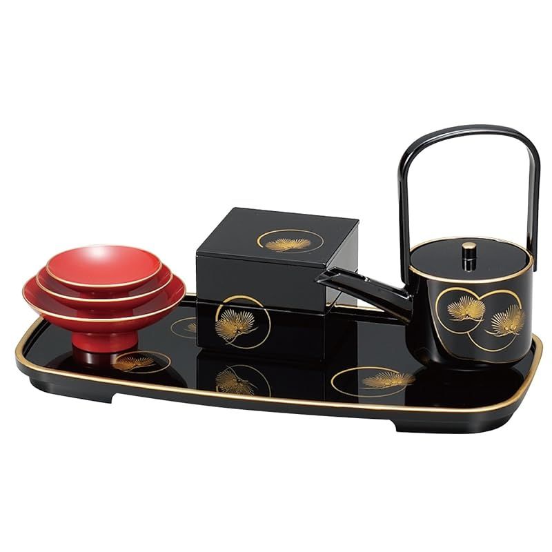 彡まえじゅう漆器 屠蘇器 光輪松 黒 盃 銚子 ミニお重箱 屠蘇台 セット 伝統工芸 山中塗り 7 L-013