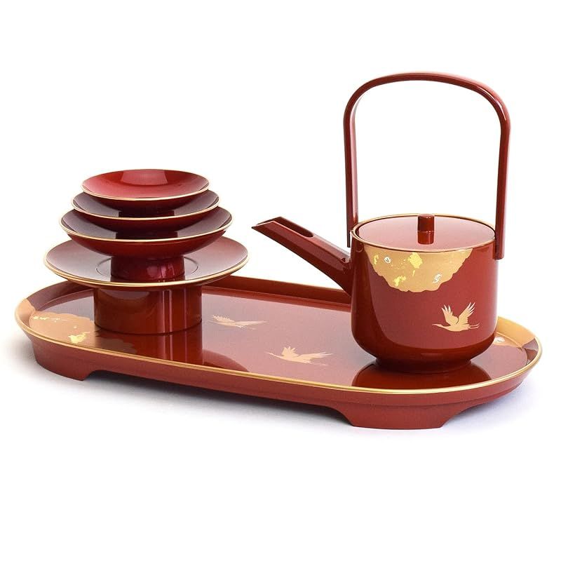 彡まえじゅう漆器 屠蘇器 とそき 光輝 朱 赤 鶴 金雲母 盃 銚子 屠蘇台 セット 伝統工芸 山中塗り 7 L-015