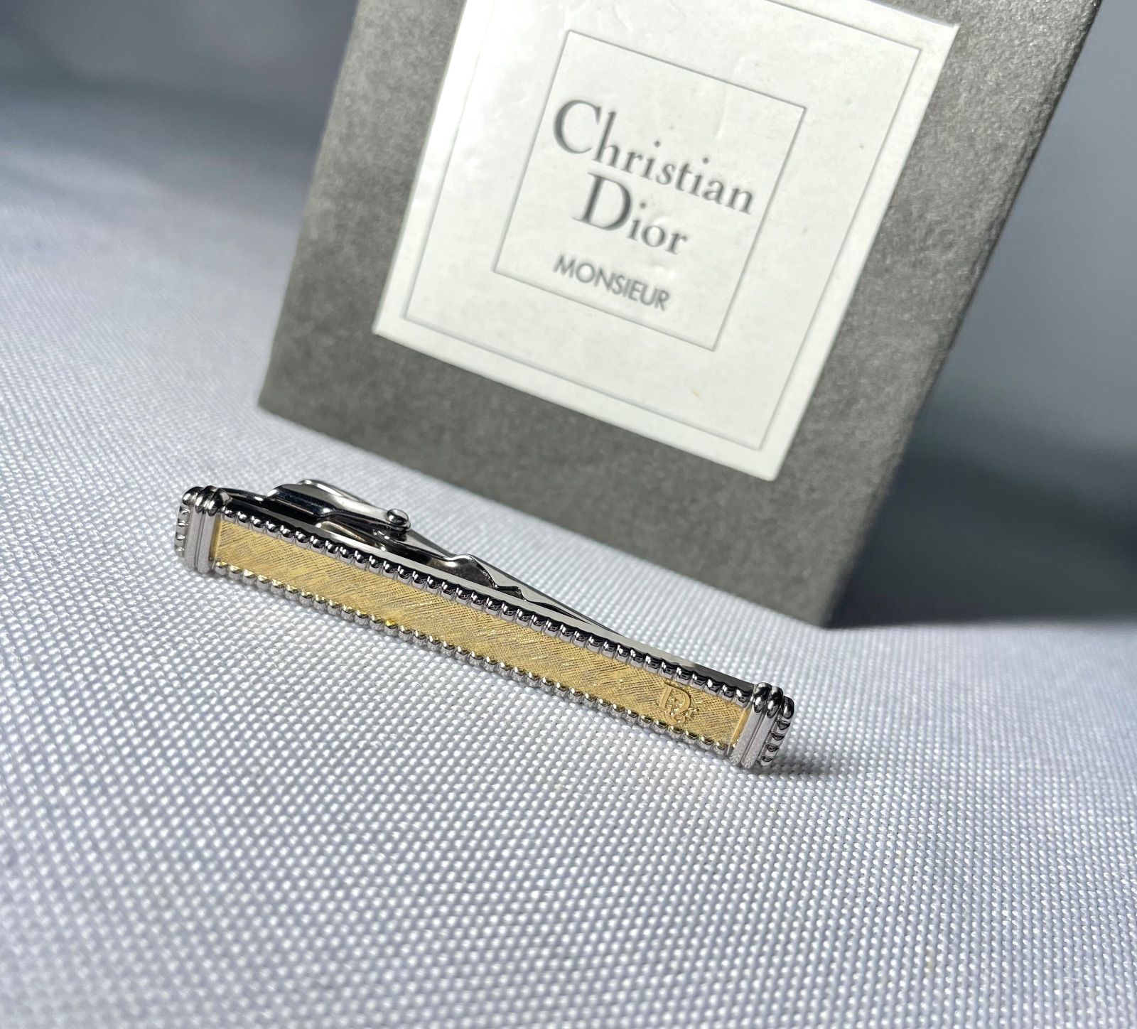 Dior ディオール ブランドロゴ ゴールド＆クロームシルバー ネクタイピン タイピン タイバー メンズ ケースあり
