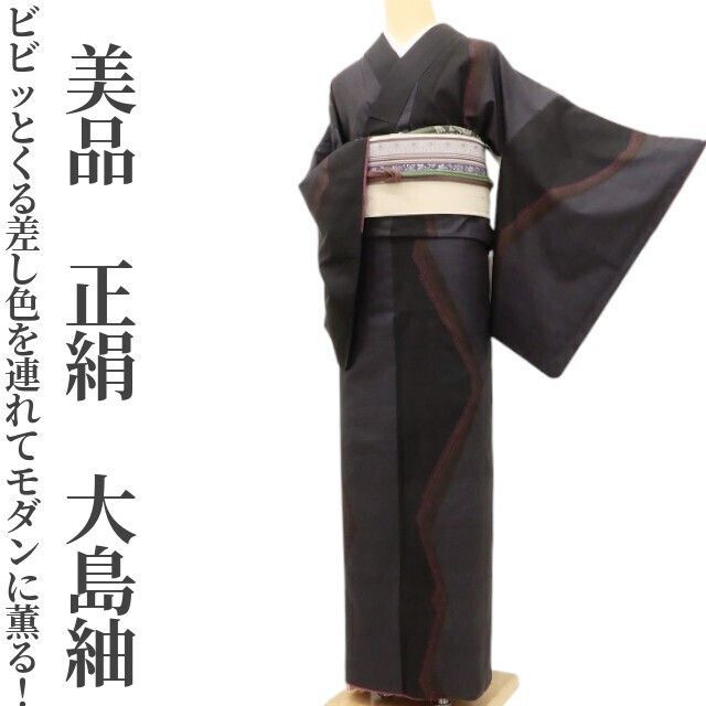 ✾まめ藤✾ 正絹 着物 静かでもビビッとくる差し色を連れてモダンに薫る 大島紬 U 63