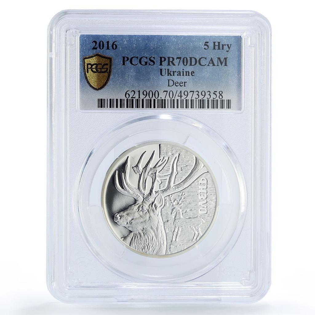 ウクライナ 5フリヴニャ 動物文化遺産 鹿 金箔 PR 70 PCGS 銀貨 2016年