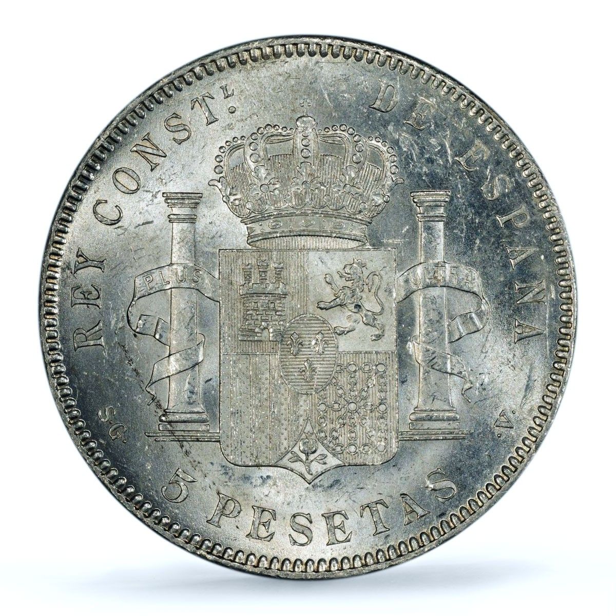 スペイン 5ペセタ アルフォンソ13世 子爵肖像 KM-707 MS 62 PCGS 銀貨