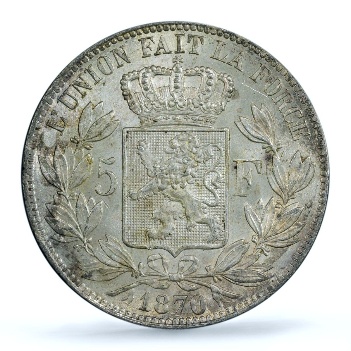 ベルギー 5フラン レオポルド2世貨幣 KM-24 MS62 PCGS 銀貨 1870年