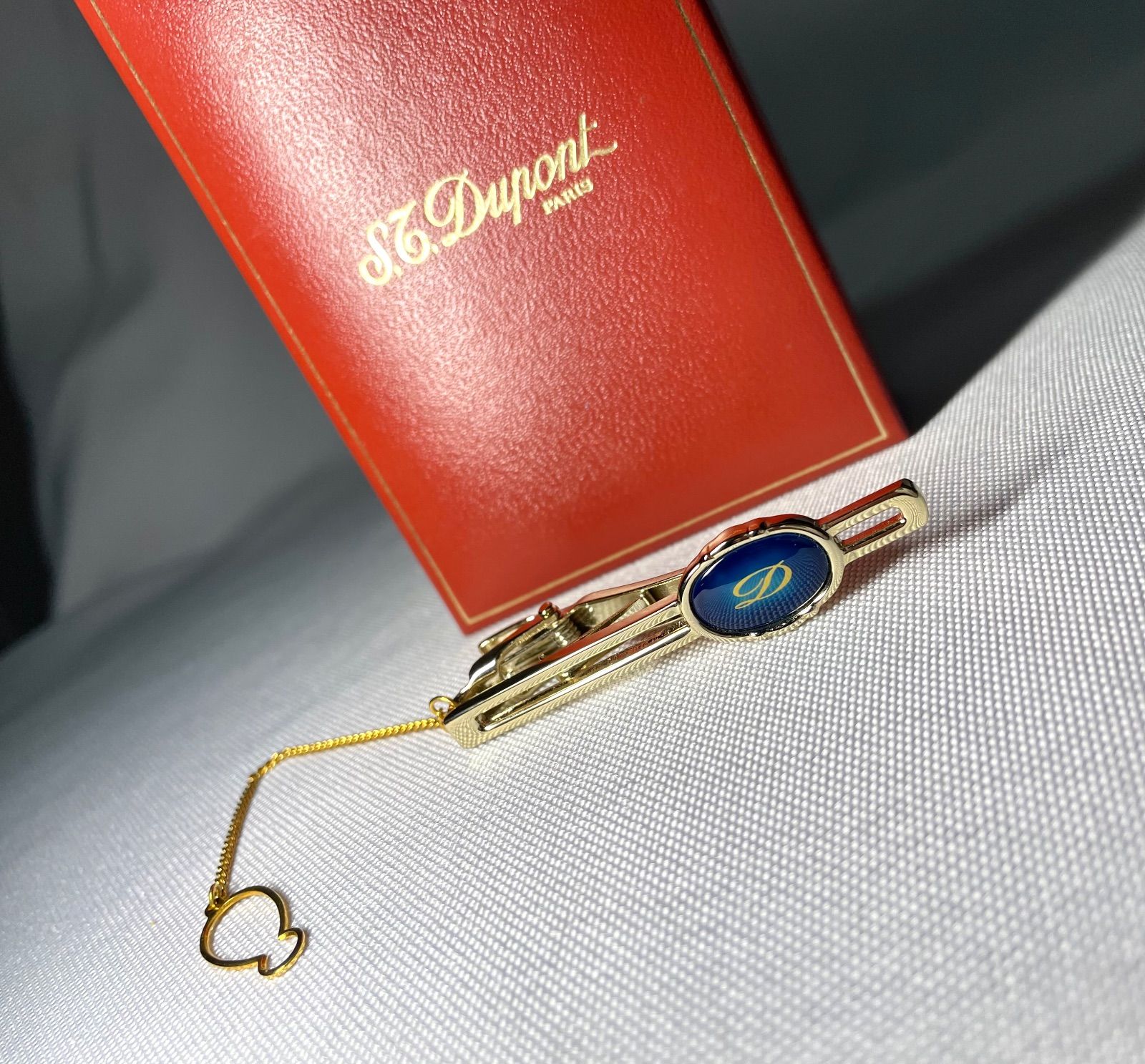 S T Dupont デュポン Dロゴ ブルーストーン装飾 くり抜きデザインゴールドネクタイピン タイピン タイバー ケースあり