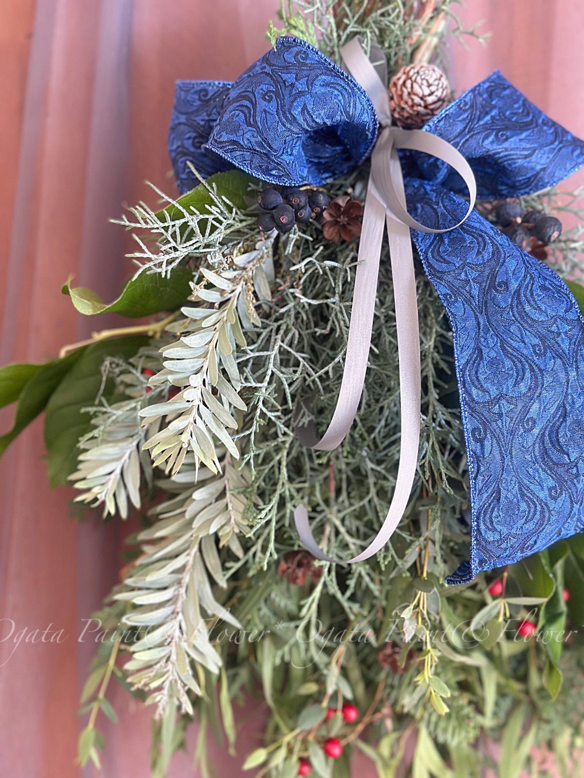 生花スワッグ ブルーリボン クリスマス 正月 針葉樹 もみの木 ブルー