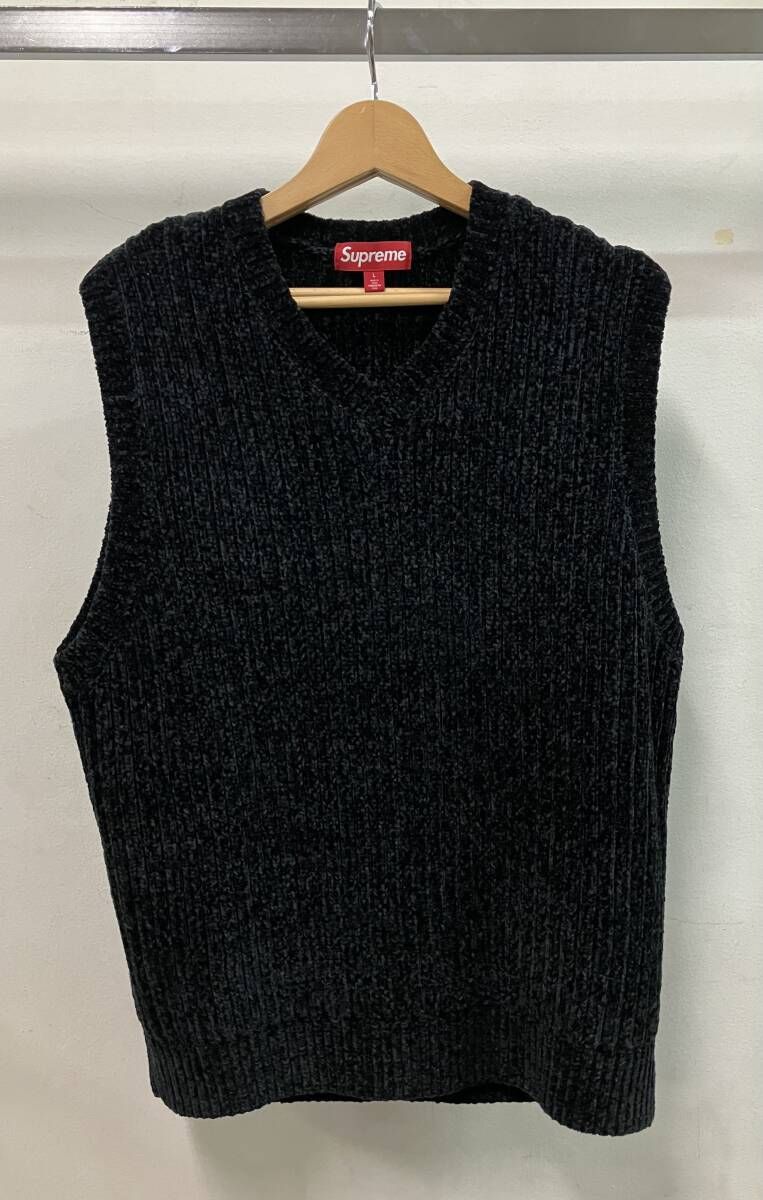 Supreme シュプリーム chenille sweater vest シェニール セーター ベスト ロゴ 背ロゴ サイズL ブラック 中国製 ポリエステル