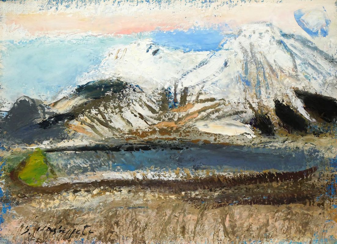 油絵　福原三郎作　画題　残雪の裏大雪 　F4号 橋本 三郎「残雪駒ヶ岳」油絵・F4号 国画会会員 全道展創立会員 北海道