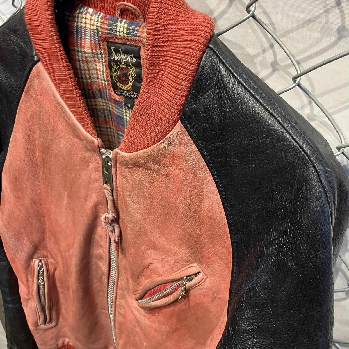 SCHOTT レザージャケット エイジング加工 裏地チェック size M レッド